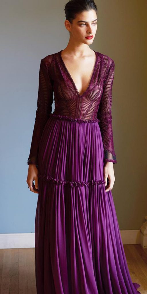  colored wedding dresses purple with long sleeves v neckline costarellos