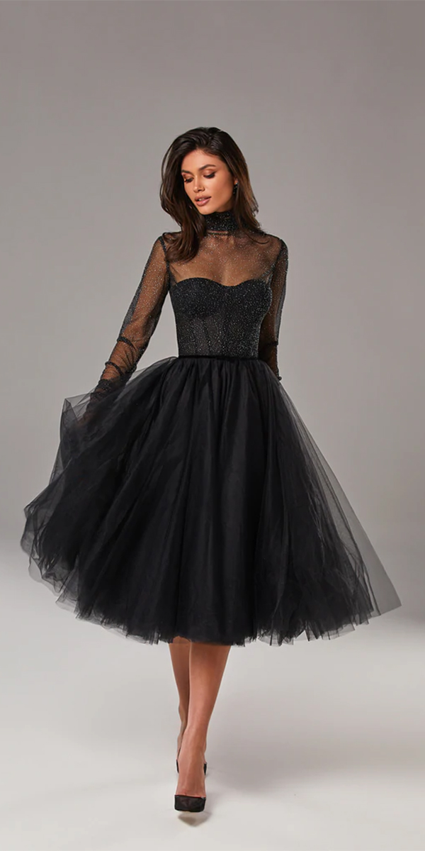 gothic wedding dressestea length with long sleeves black milla nova