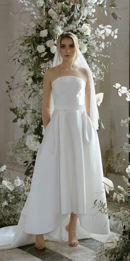 high low wedding dresses simple strapless neckline white sassflower
