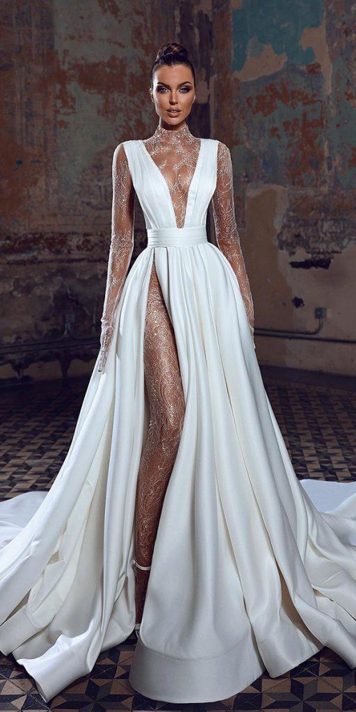 Minimalist A Line Satin Wedding Dress with Boat Neck and Bishop