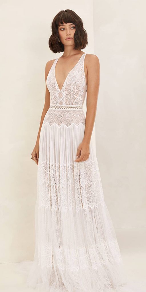lace boho wedding dresses a line v neckline vintage sheath florabridal
