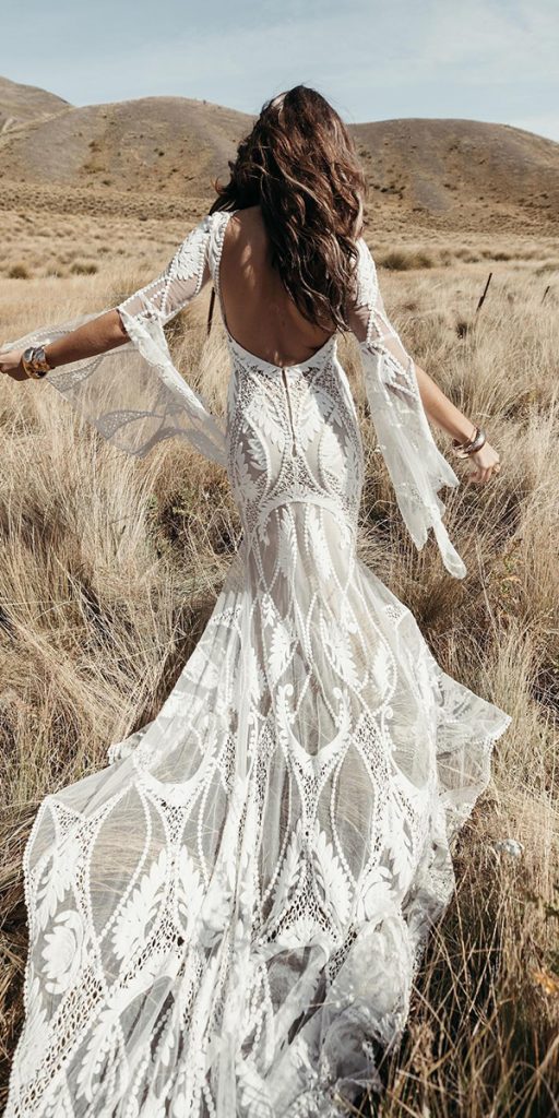 lace boho wedding dresses open back with long sleeves barn rustic ruedeseine