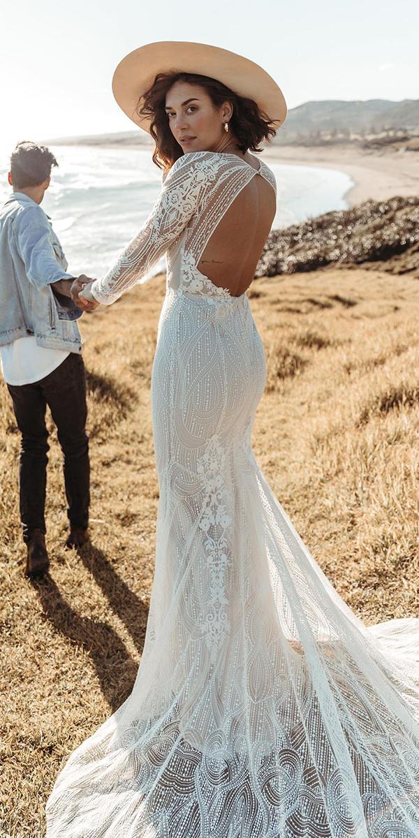 rustic lace wedding dresses sheath open back with long sleeves loversxsociety