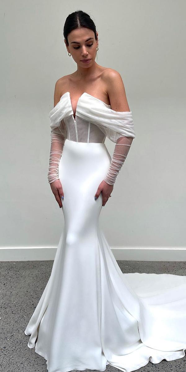 satin mermaid wedding dresses simple with sleeves off the shoulder kyhastudios