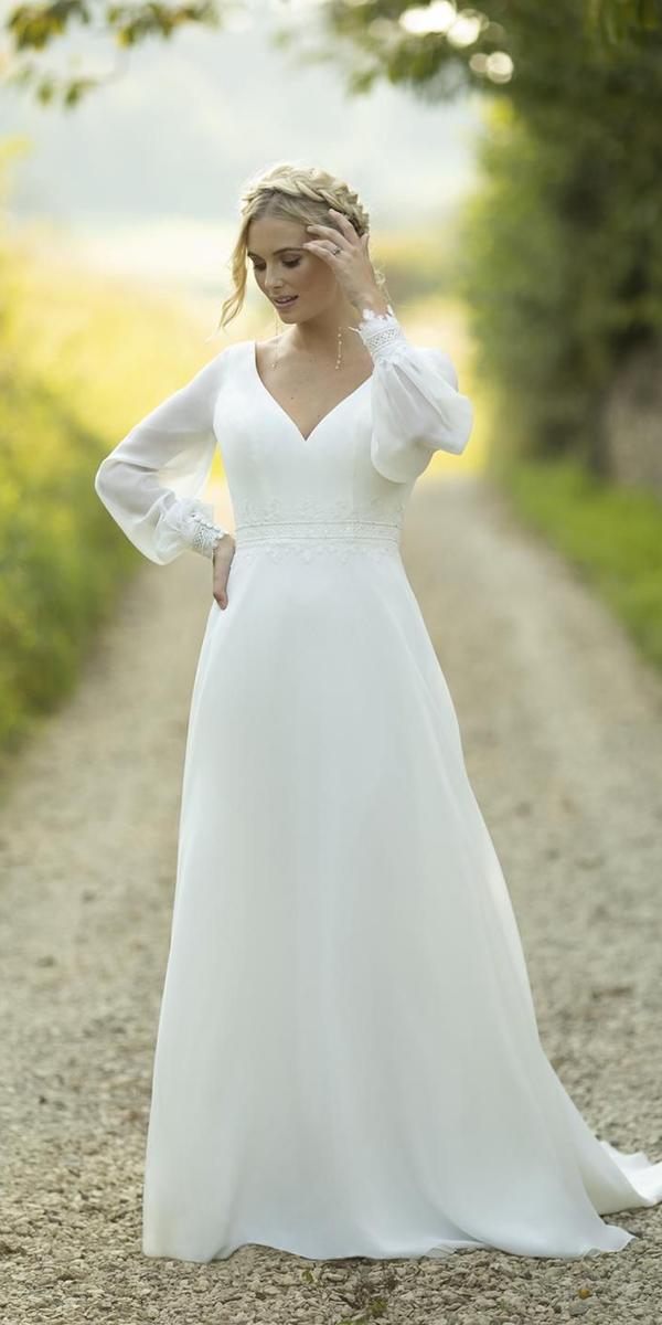 simple wedding dresses with sleeves a line with long sleeves v neckline true