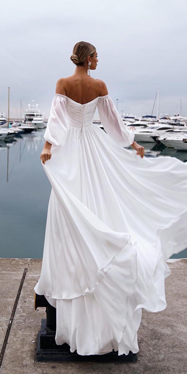 simple wedding dresses with sleeves off the shoulder low back romanova atelier