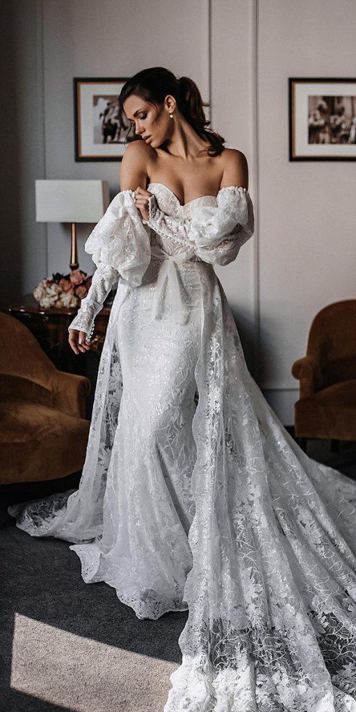 sweetheart-mermaid wedding dresses with sleeves off the shoulder lace train tali__photography
