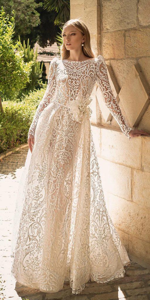 unique lace wedding dresses a line with sleeves long bow pninatornai