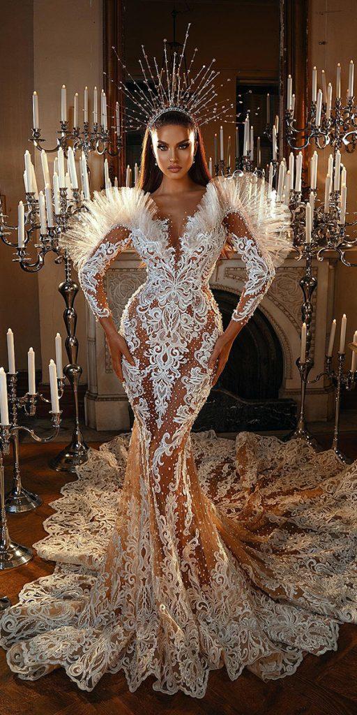 unique lace wedding dresses mermaid with sleeves sexy deep v neckline saidmhamad