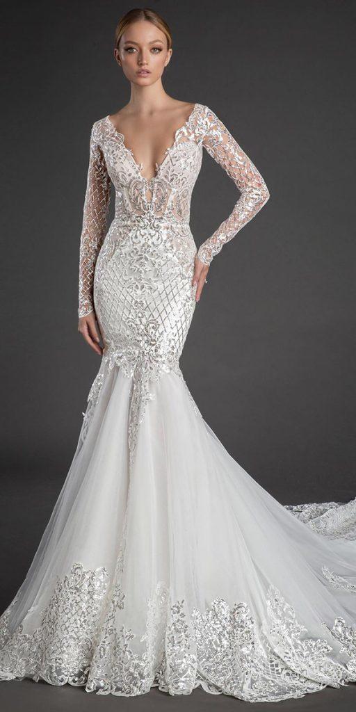 vintage lace wedding dresses fit and flare sleeves v neckline train pninatornai