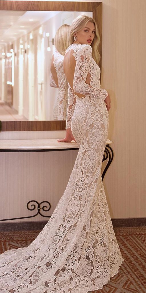 wedding dresses with lace sleeves sheath open back galitrobinik