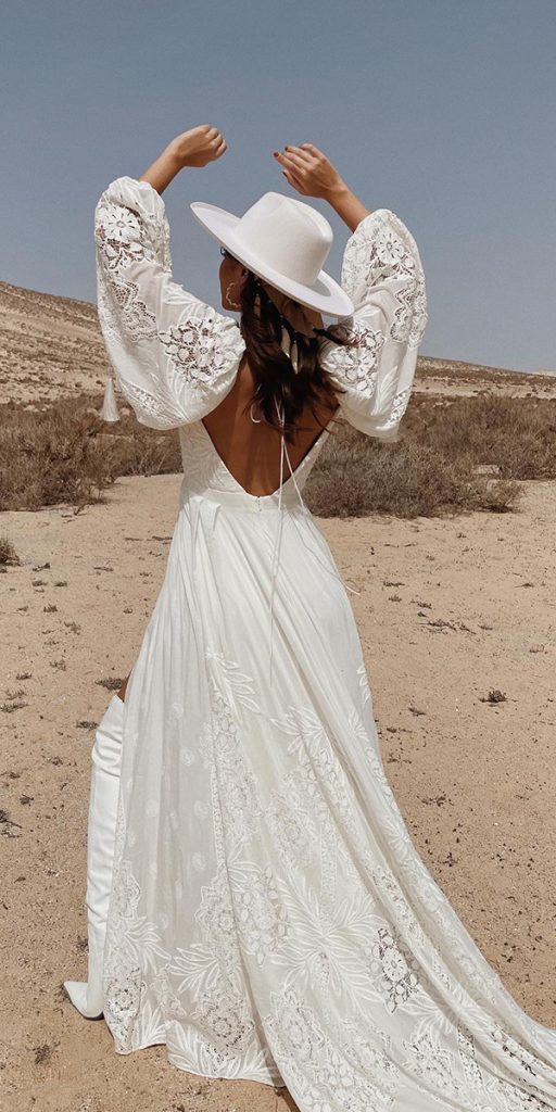 bohemian wedding dresses open back with long sleeves rustic with boots ruedeseine