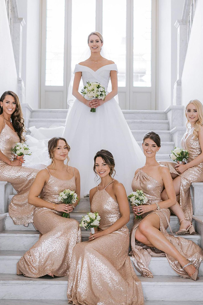 long bridesmaid dresses champagne sequins gold pronovias