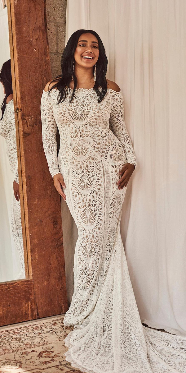 plus size wedding dresses sheath off the shoulder with long sleeves lace boho grace_loves_lace