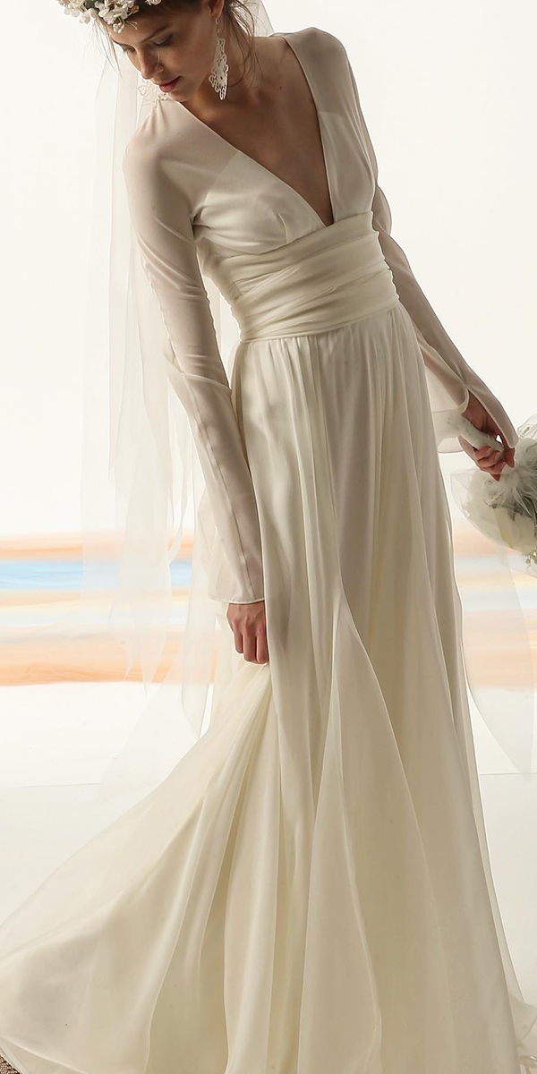 silk wedding dresses a line deep v neckline with sleeves simple lesposedigio