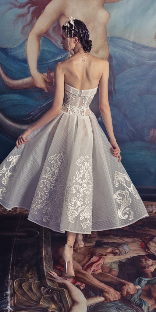 tea length wedding dresses vintage lace strapless neckline kim kassas