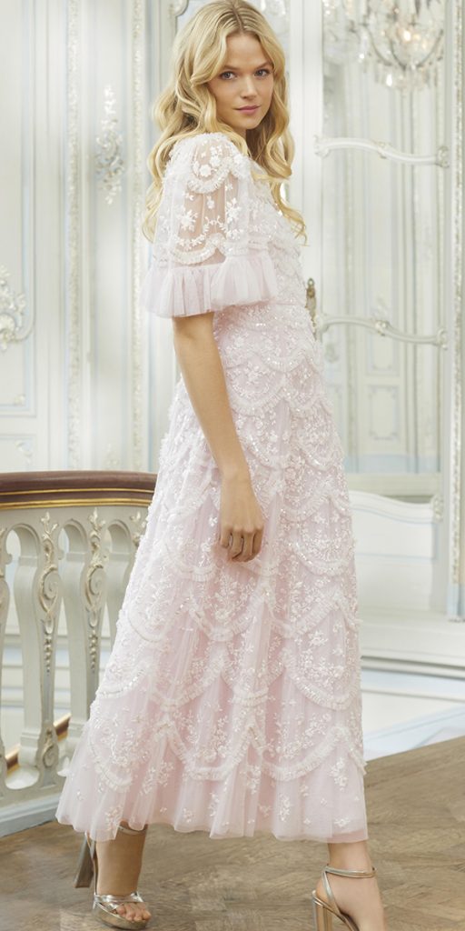 tea length wedding dresses with cap sleeves pink with lace vintage needle threads