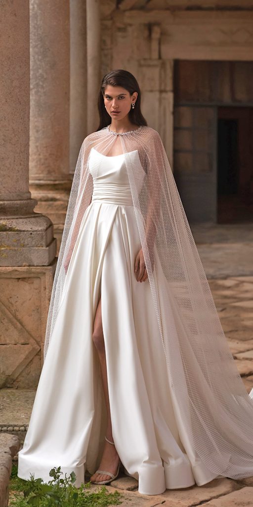 a line wedding dresses simple strapless neckline eva lendelwith cape