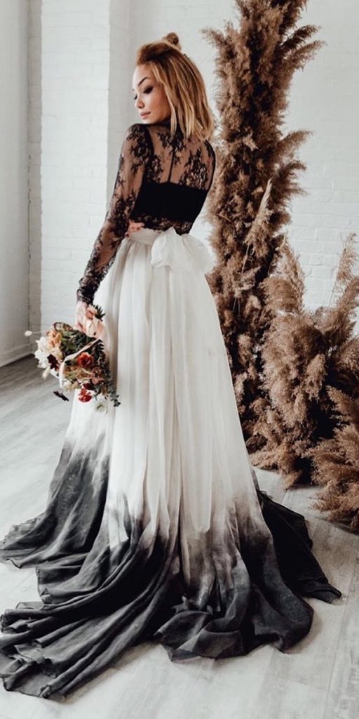 black and white wedding dresses a line with sleeves with bow gothic sweetcarolinestyles