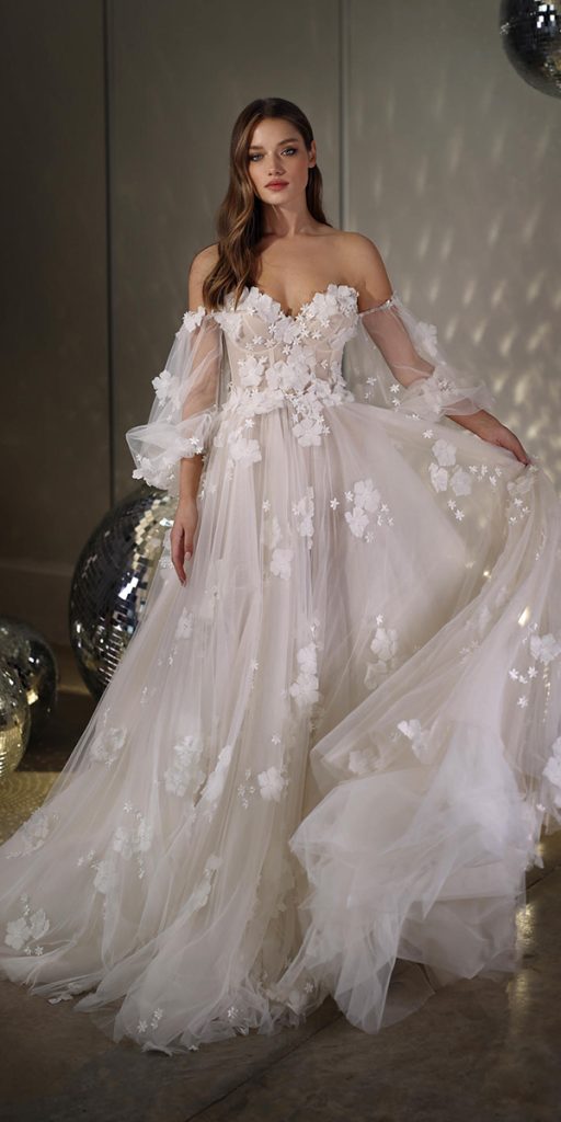 bridal gowns with sleeves a line off the shoulder bohemian galia lahav