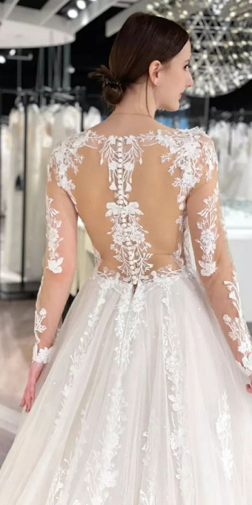 lace back wedding dresses with long illusion sleeves justinalexander