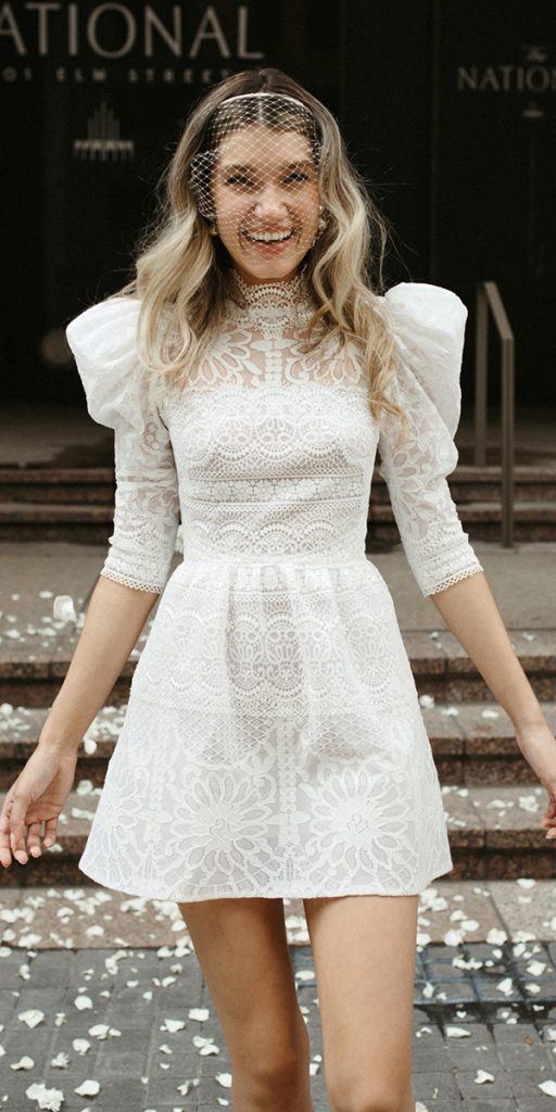 lace short wedding dresses with three quote sleeves high neck summer country watters
