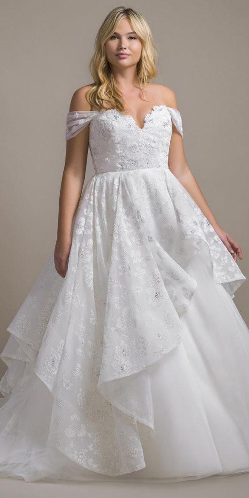 plus size ball gowns wedding dresses ruffled skirt off the shoulder neckline misshayleypaige