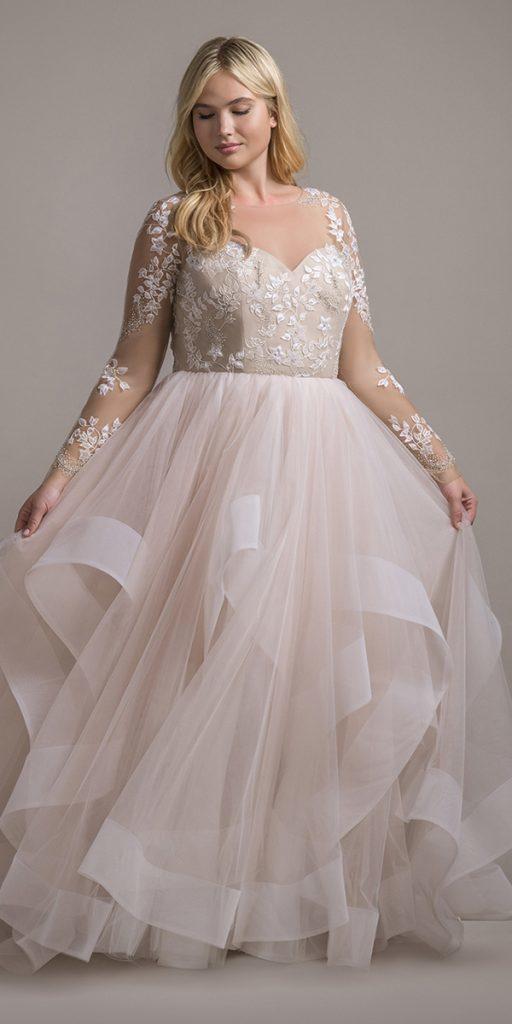plus size ball gowns wedding dresses ruffled skirt with illusion sleeves lace sweetheart neckline hayley paige