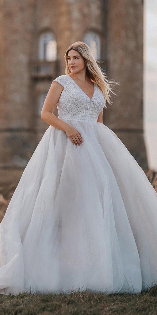 plus size ball gowns wedding dresses v neckline outdoor lace top allurebridals