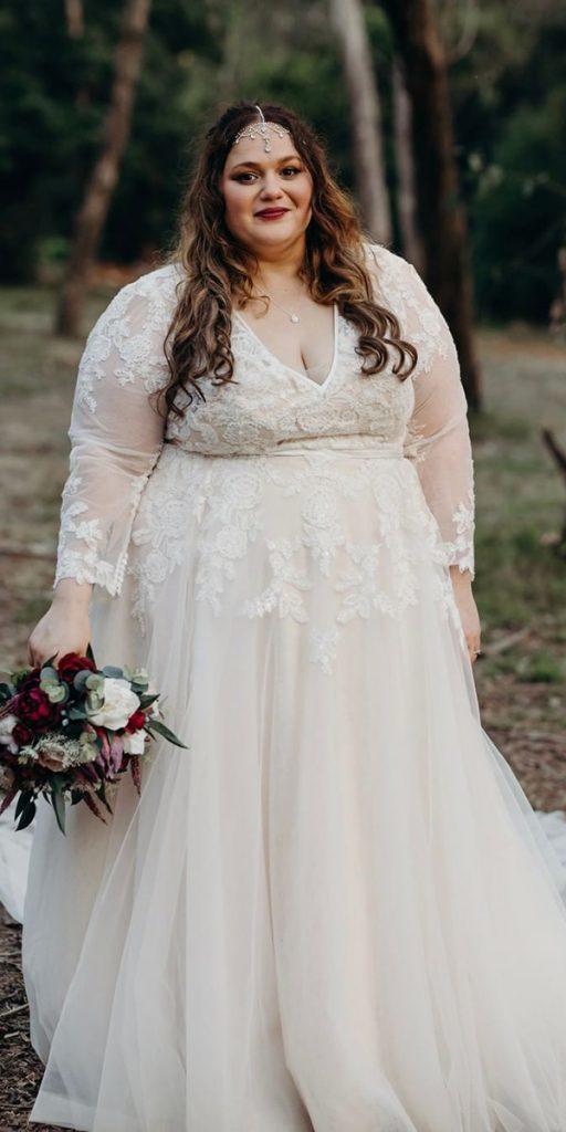 plus size ball gowns wedding dresses with long sleeves lace v neckline outdoor cocomelody