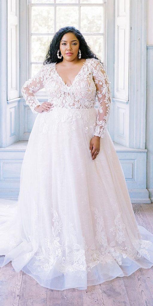 plus size ball gowns wedding dresses with long sleeves lace v neckline romantic maggiesottero