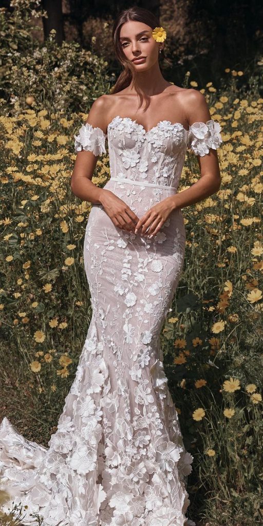 trumpet wedding dresses sweetheart strapless neckline floral appliques leegrebenau