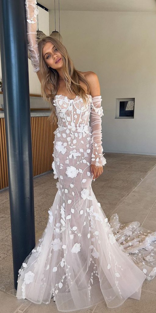 trumpet wedding dresses sweetheart strapless neckline with sleeves 3d floral tomsebastien