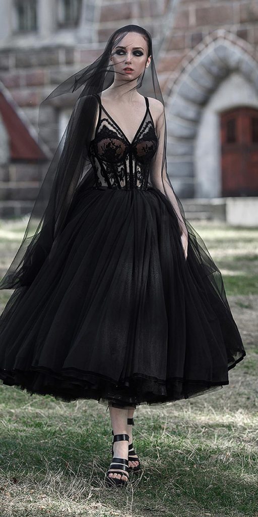 black wedding dresses tea length with spaghetti straps malyarova