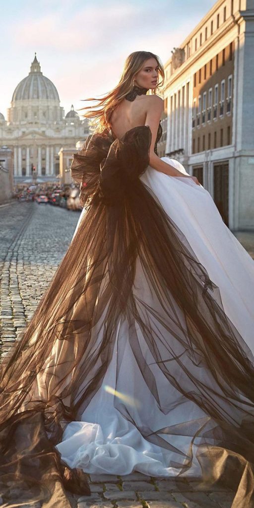 black wedding dresses tulle skirt white with bow nicolemilano