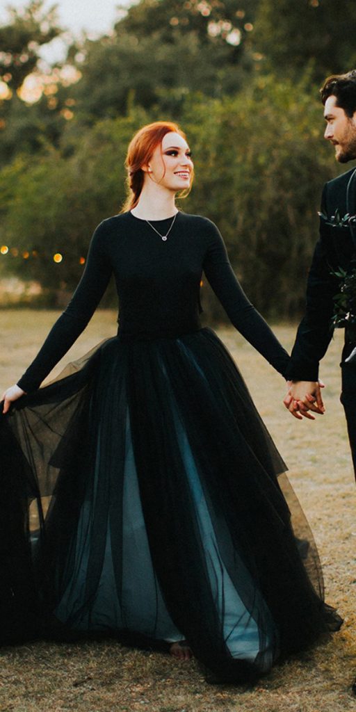 black wedding dresses with long sleeves tulle skirt modest ashleymedranophotography