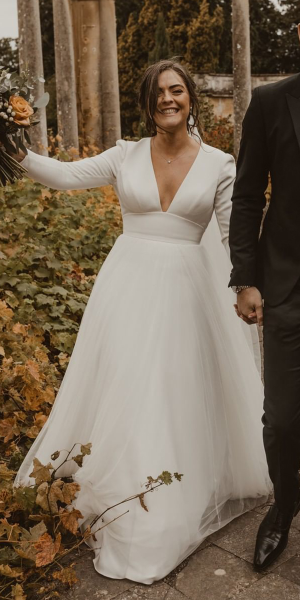 long sleeve wedding dressesa line v neckline simple sassiholford