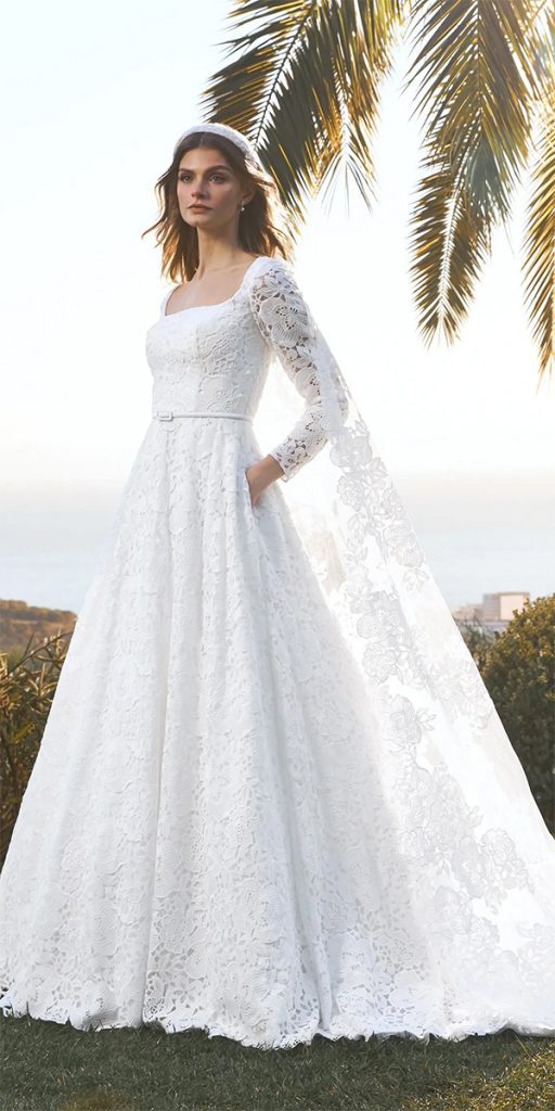 long sleeve wedding dresses lace a line modest pronovias