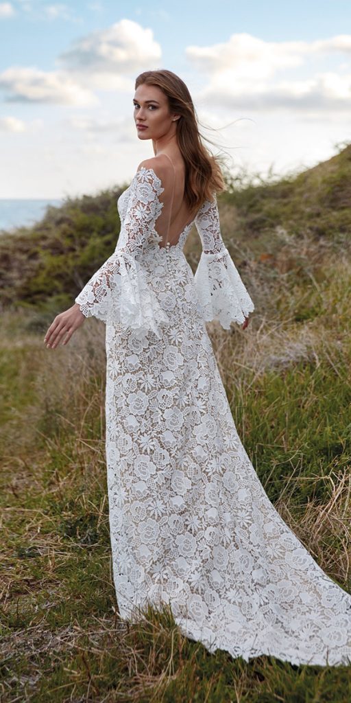 unique lace wedding dresses sheath boho with long sleeves nicole milano