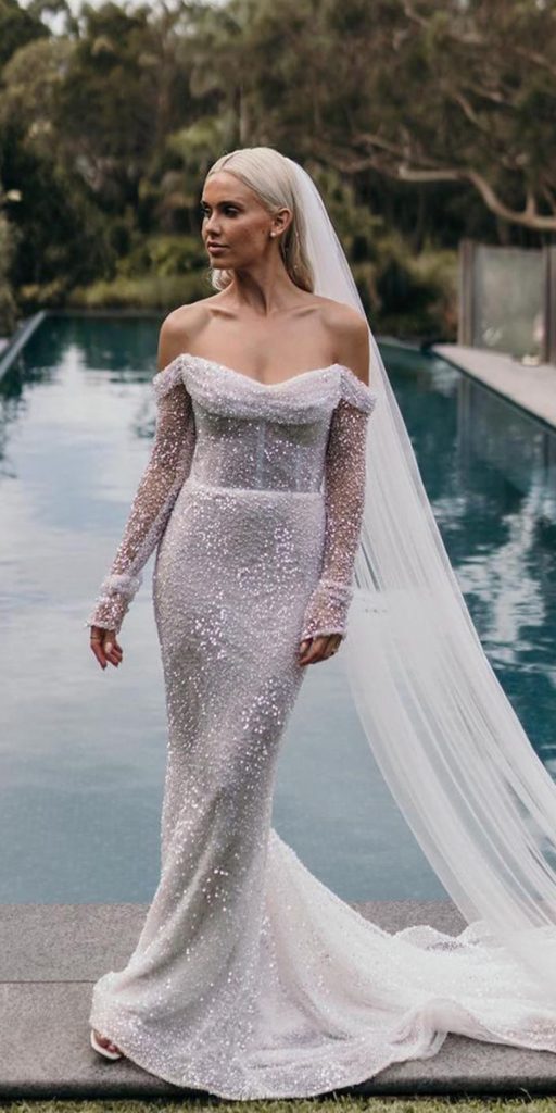 beach destination wedding dresse mermaid with long sleeves off the shoulder marquisebridal