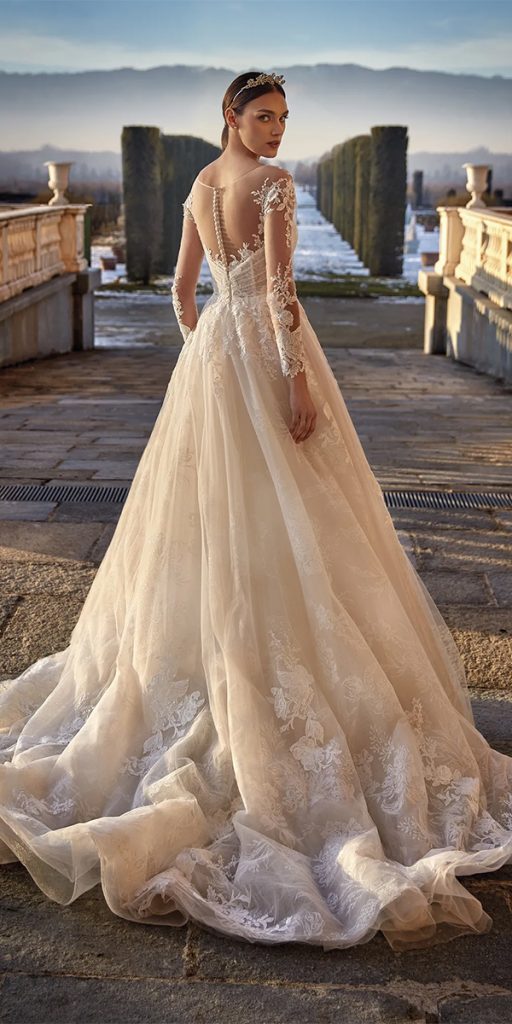 illusion long sleeve wedding dresses a line lace blush tattoo effect back pronovias