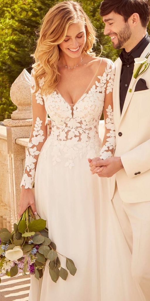 illusion long sleeve wedding dresses floral lace sweetheart neckline morilee