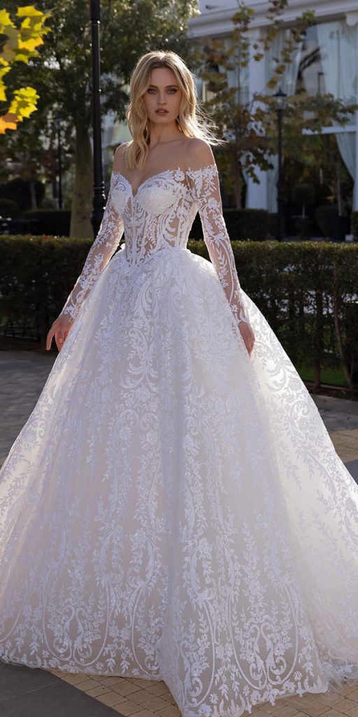lace ball gown wedding dresses long sleeves sweetheart neckline pnina tornai