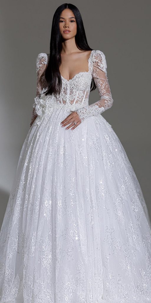 lace ball gown wedding dresses with long sleeves sweetheart neckline pnina tornai