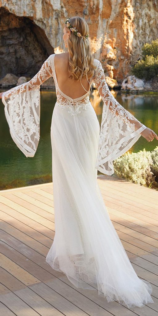 lace bridal gowns a line boho open back with sleeves demetrios