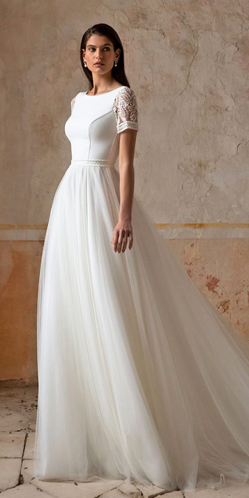 modest wedding dresses with sleeves a line with cape sleeeves lace eva lendel