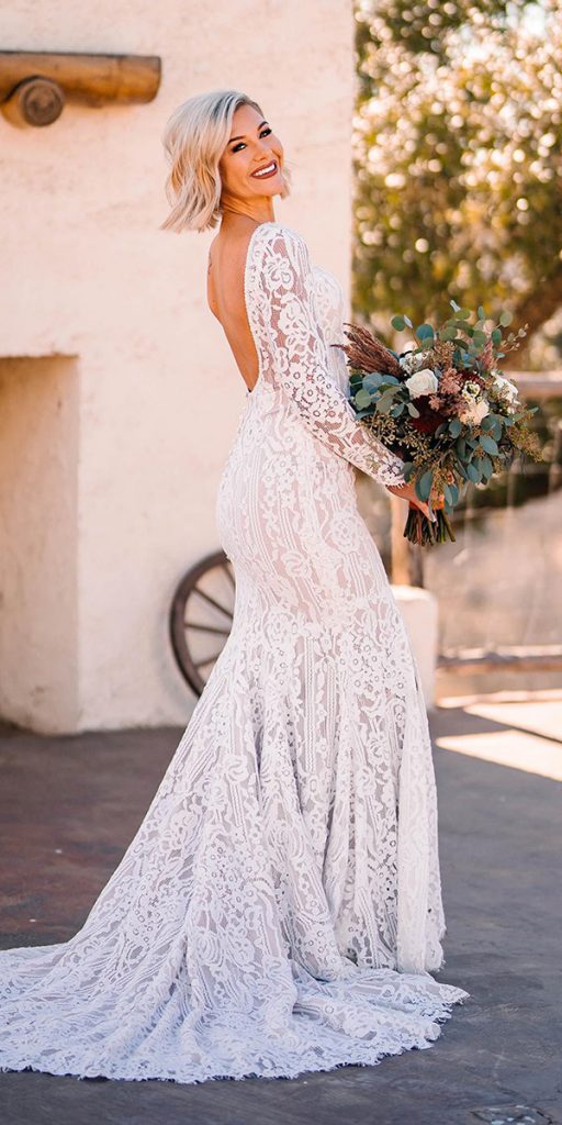 rustic lace wedding dresses open back with long sleeves rustic alllure