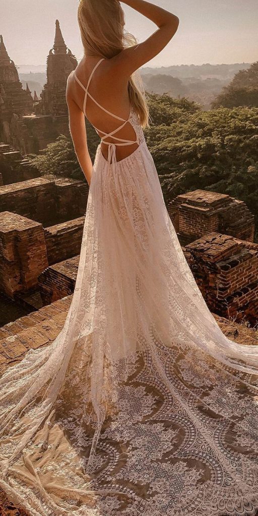 rustic lace wedding dresses with spaghetti straps bohemian rustic floraandlane