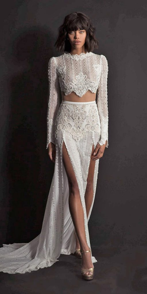 Rustic Long Sleeve Lace Crop Top Bridal Separates Two Piece Wedding Dr