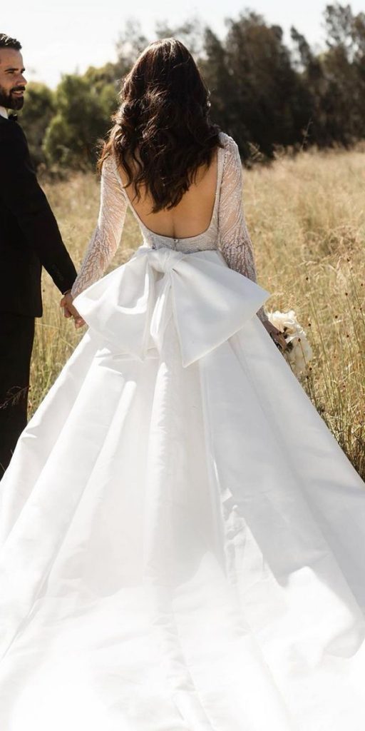 ball gown princess wedding dresses with long sleeves open back with bow steven_khalil